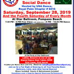 Don’t Miss Our September Chapter Social Dances! – Tuesday, September 10 at Goldcoast Ballroom, Coconut Creek, FL; Thursday, September 19 at The Delray Ballroom, Delray Beach, FL;  & Saturday, September 28 at Star Ballroom, Pompano Beach, FL