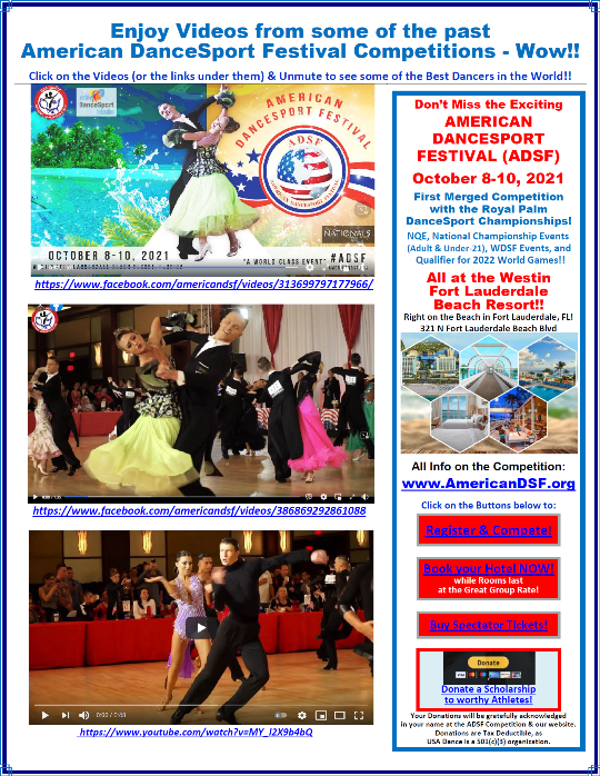 Don't Miss the Exciting American DanceSport Festival (ADSF) - Merged & Combined with the Royal Palm DanceSport Championships! - October 8-10, 2021 at the Westin Fort Lauderdale Beach Resort!!