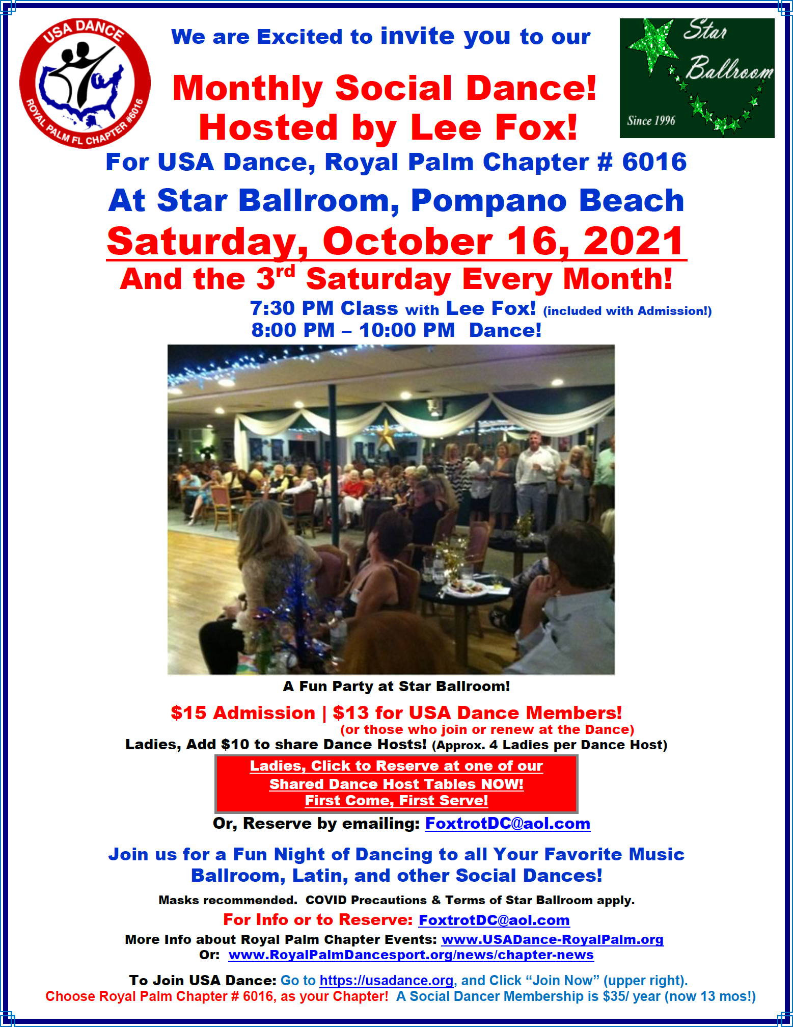 October 16, 2021 - USA Dance Royal Palm Chapter Social Dance at Star Ballroom - Hosted by Lee Fox!
