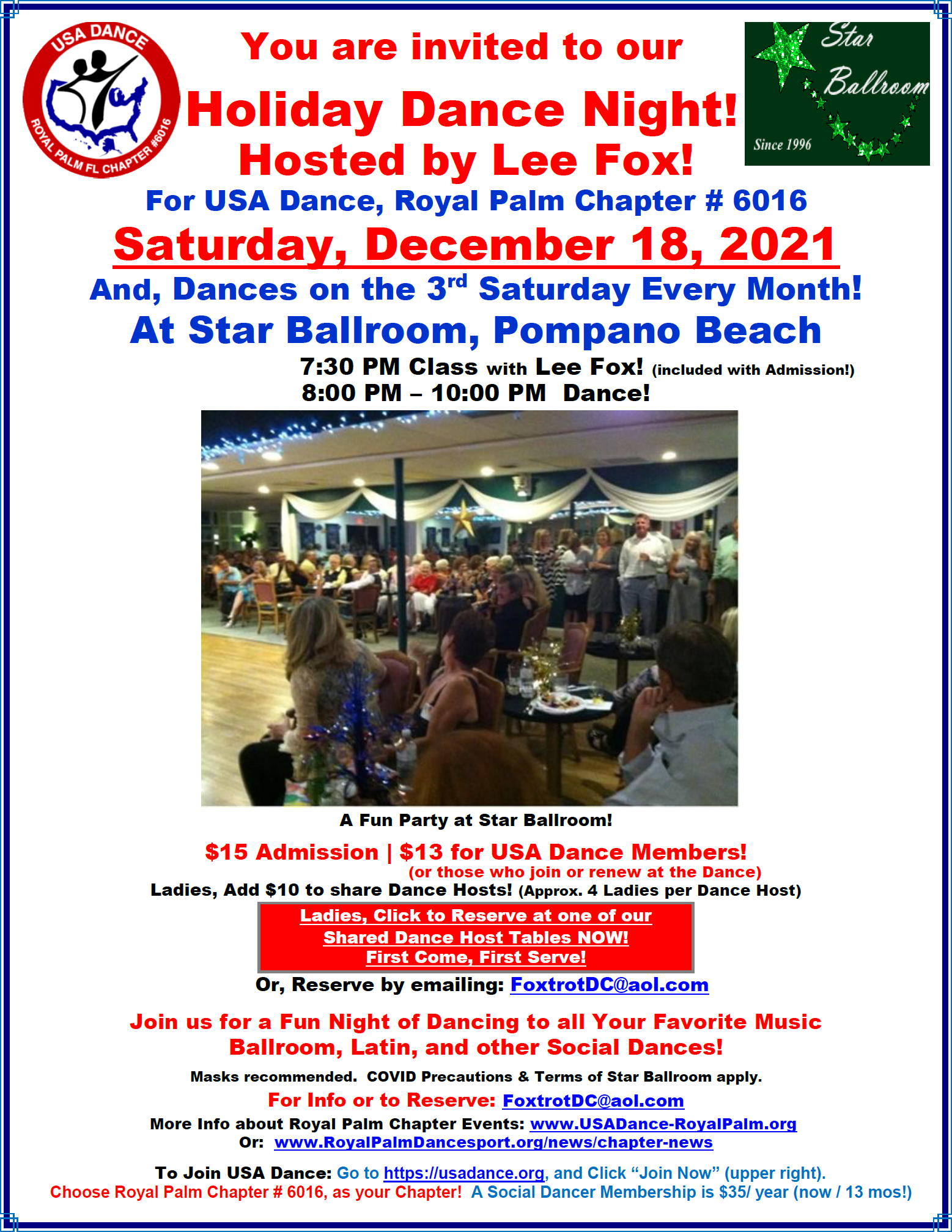 December 18, 2021 Holiday Dance Night - Hosted by Lee Fox for USA Dance Royal Palm Chapter - at Star Ballroom