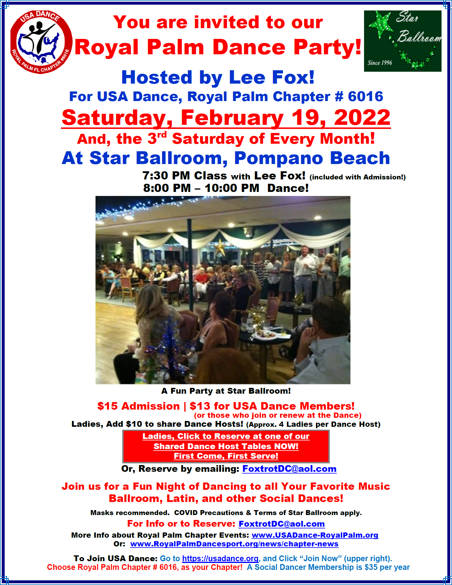 Royal Palm Dance Party - Saturday, February 19, 2022 - Hosted by Lee Fox for USA Dance, Royal Palm Chapter 6016