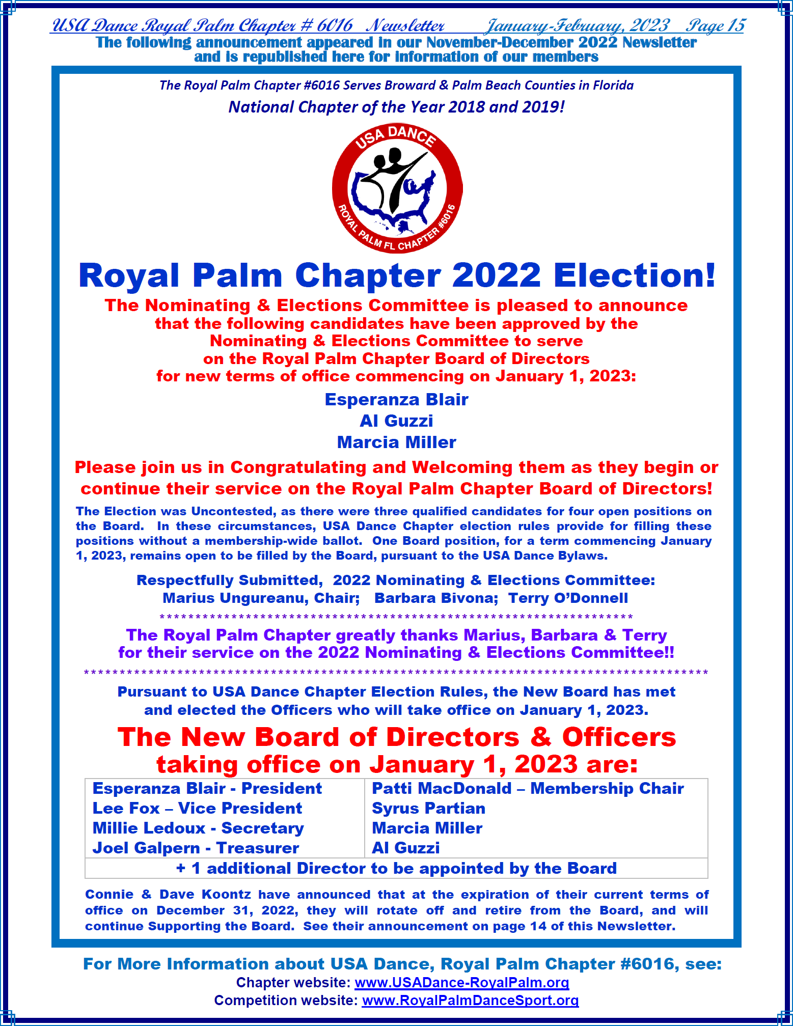 Royal Palm Chapter 2022 Election Results - page 15 Jan-Feb 2023 Newsletter