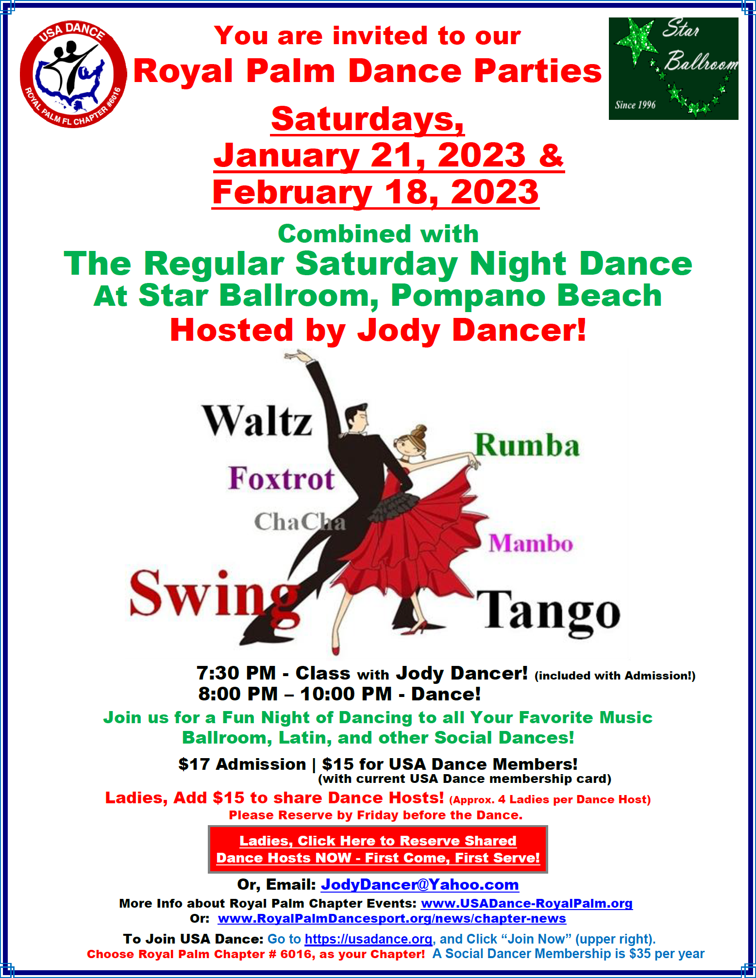 Royal Palm Chapter Dances - Jan 21 & Feb 18, 2023 - at Star Ballroom!
