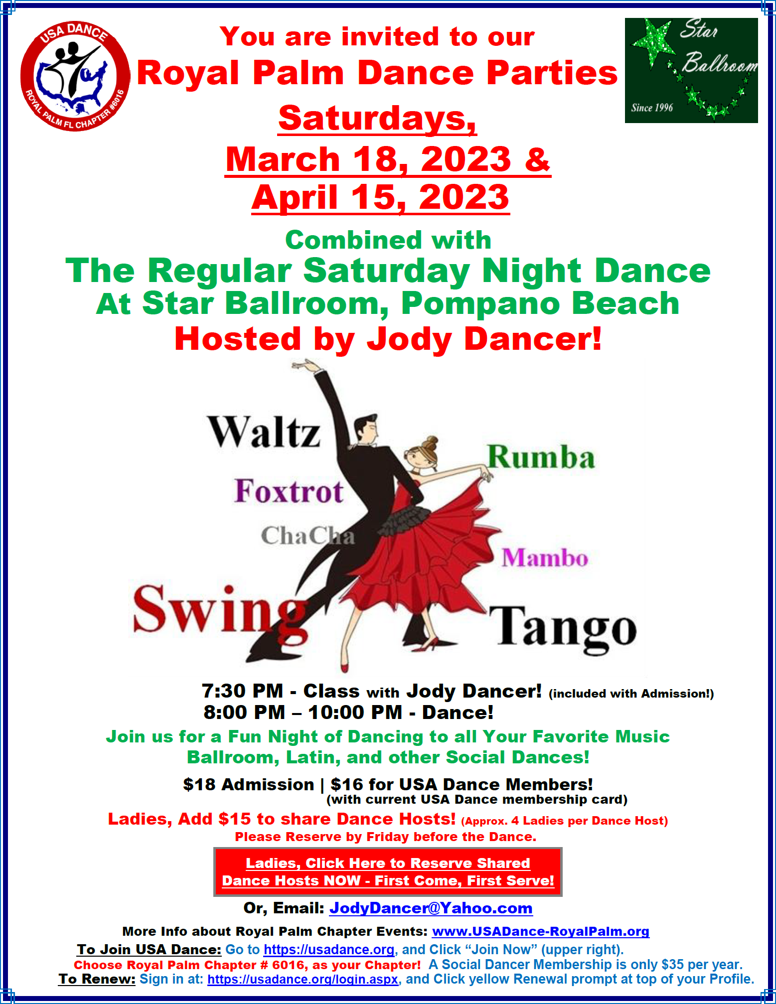Royal Palm Chapter Dances - March 18 and April 15, 2023 - at Star Ballroom, Pompano Beach